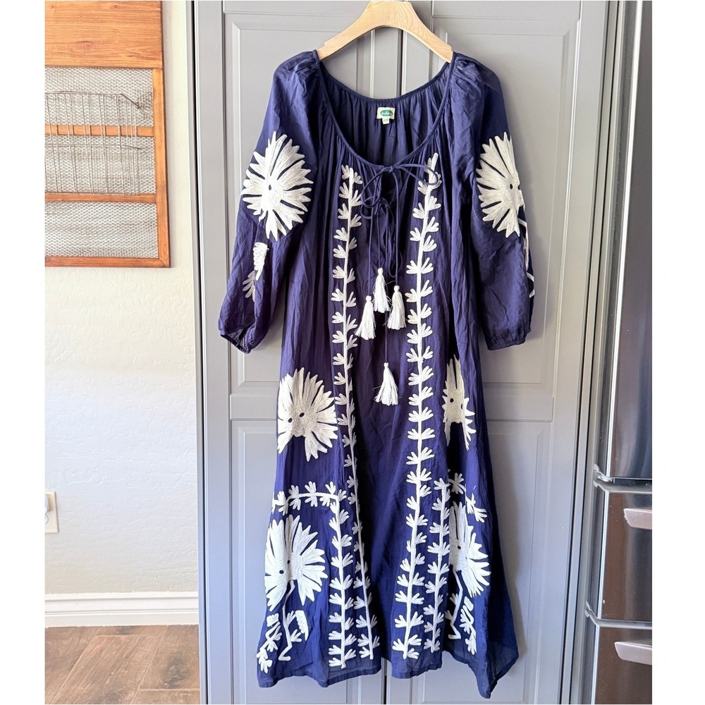 Dolma Womens Boho Floral Embroidered Tassel Tunic Midi Dress, Navy White,OS